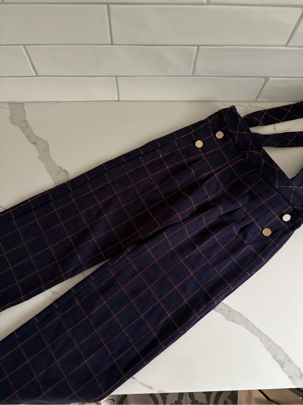 MAYORAL Navy Plaid Suspender Overall Pants with Gold Buttons